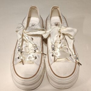 Beier Ivory Satin Ribbon Lace-Up Platform Sneakers with Pearl Accents WMN